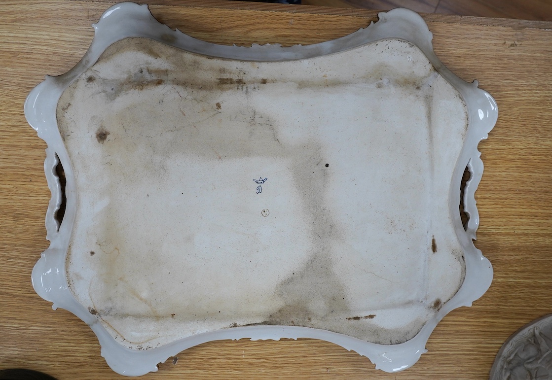 A large 19th century Dresden porcelain two handled tray, painted with a floral bouquet, 52cm. Condition - good